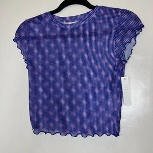 Abound Womens Ruffle‎ Cap Sleeve Top Sheer Mesh Fitted Tee Purple XS